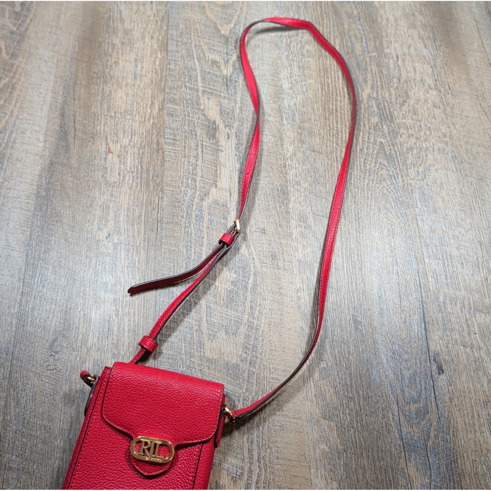 Lauren Ralph Lauren Jacquard Phone Crossbody Bag Red Pebbled Cow Leather Small - Picture 3 of 10